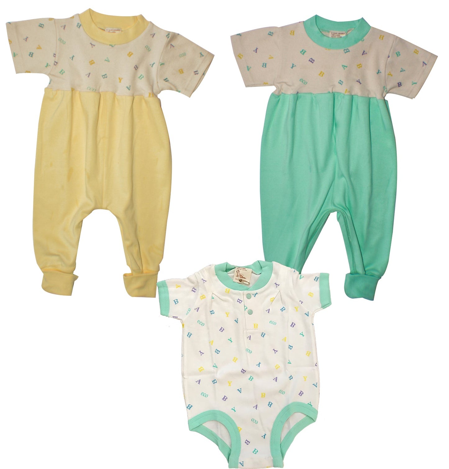 Organic Cotton Zip Crotch Jumpsuits – Yellow & Mint 2-Pack Yellow & Mint 6–12M and 12–18M