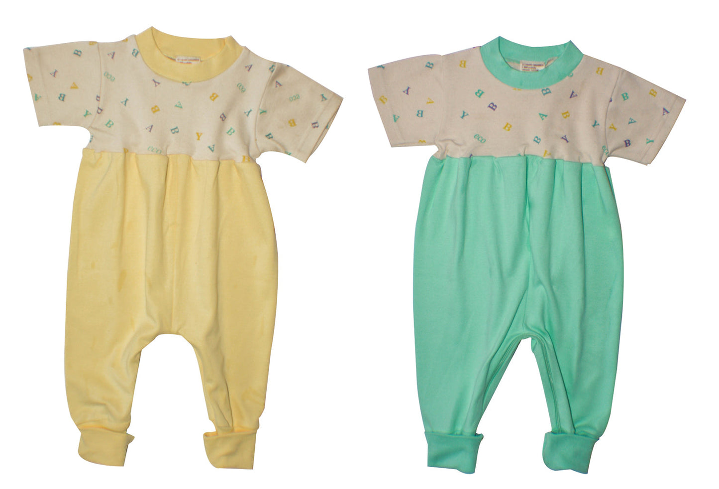 Organic Cotton Zip Crotch Jumpsuits – 2-Pack (Yellow and Mint) 6–24M