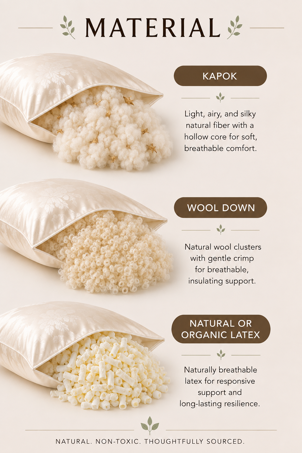 Moldable Natural Body Pillow - Kapok, Wool Down, or Shredded Latex