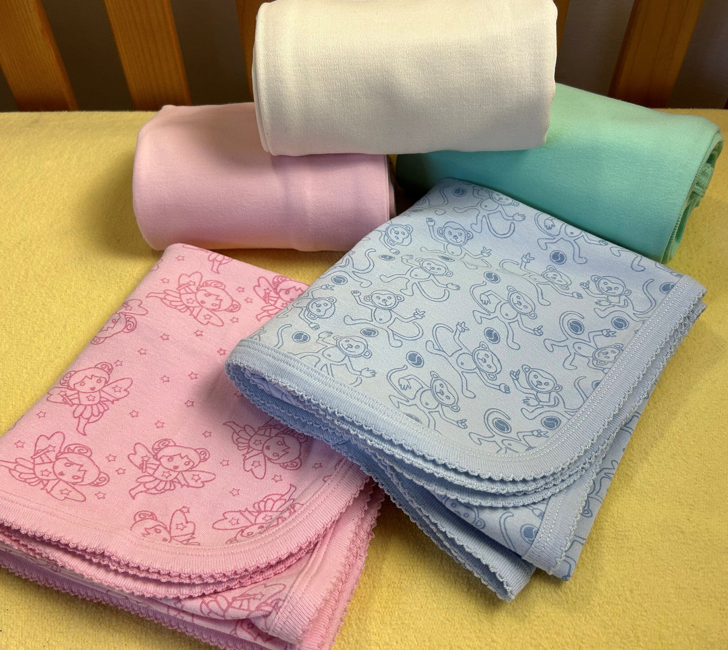 Organic Cotton Receiving Blanket – Blue Monkey or Pink Fairy Pattern